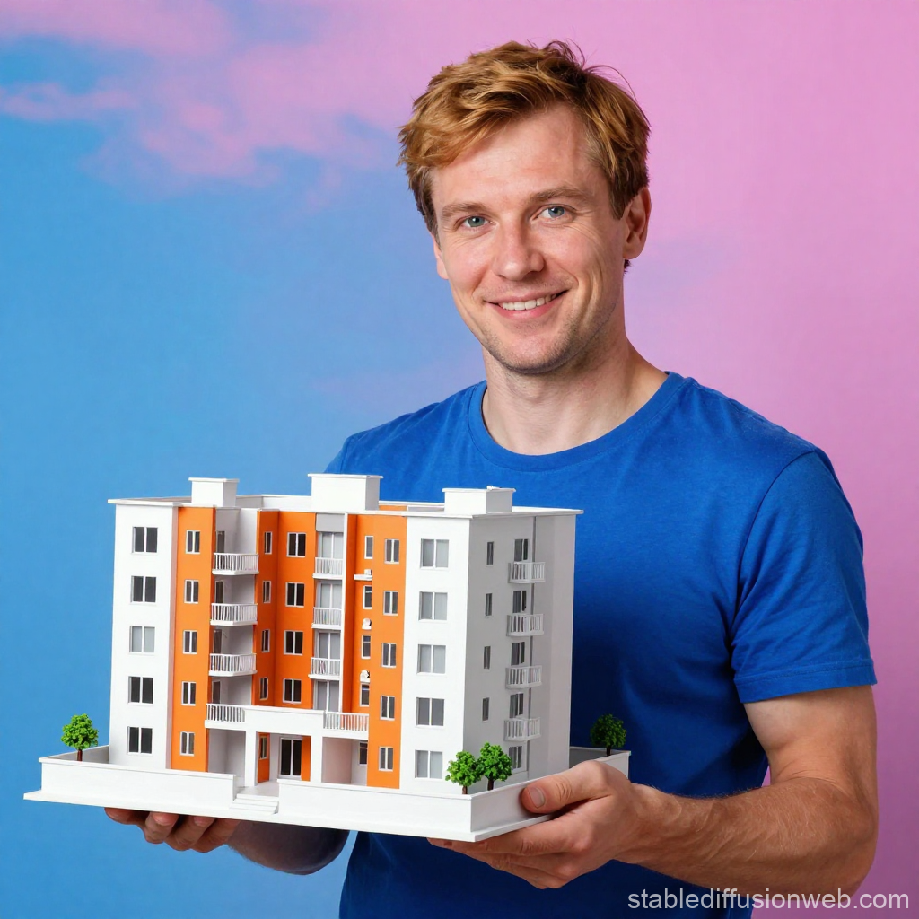 Smiling Man Holding Modern Apartment Model