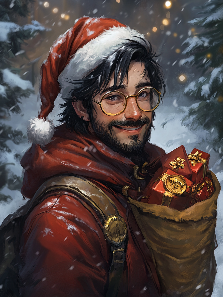 Smiling Man in Santa Hat Carrying Christmas Gifts