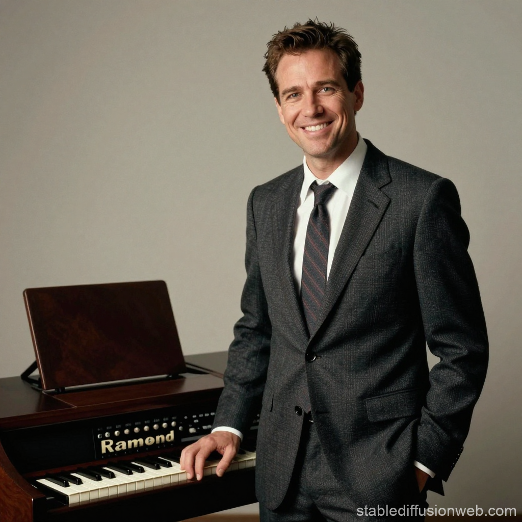 Smiling Man in Suit Standing by Vintage Keyboard