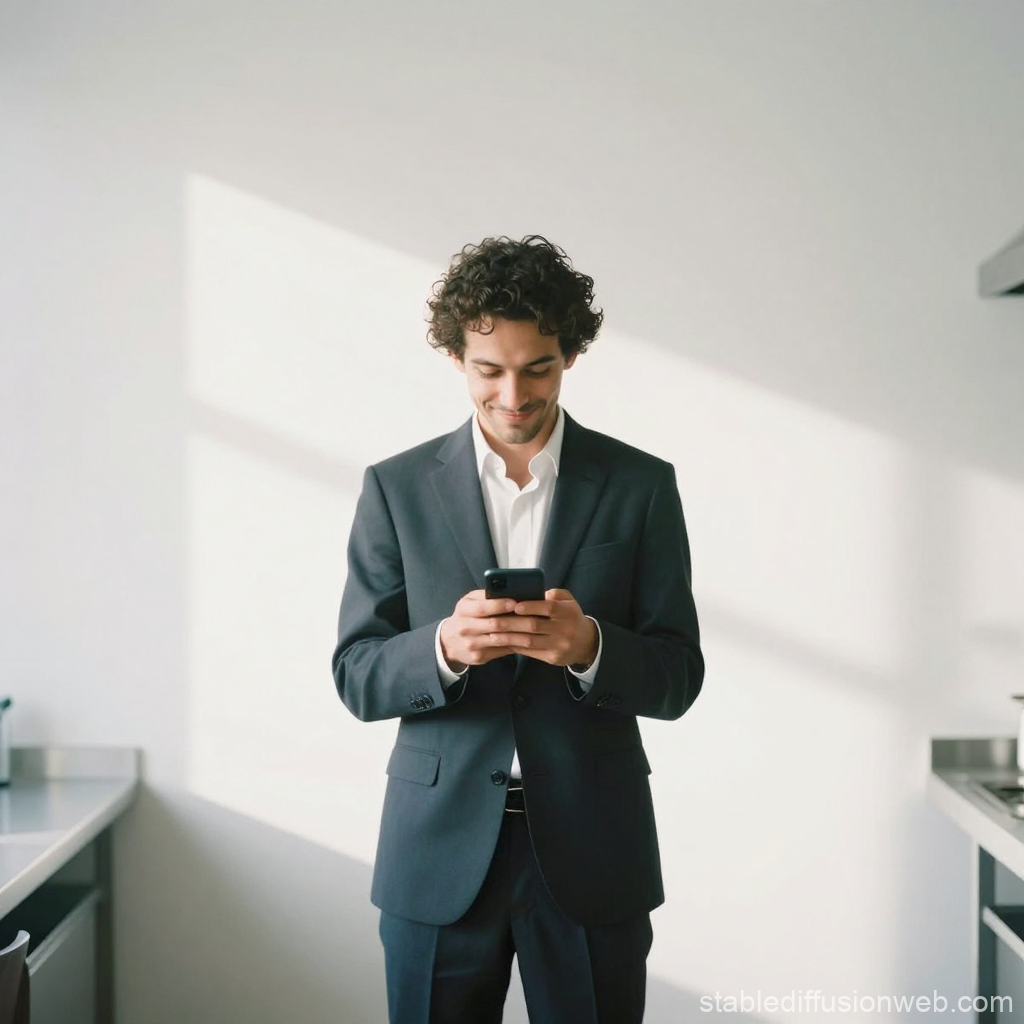 Smiling Man in Suit Using Smartphone in Minimalist Office
