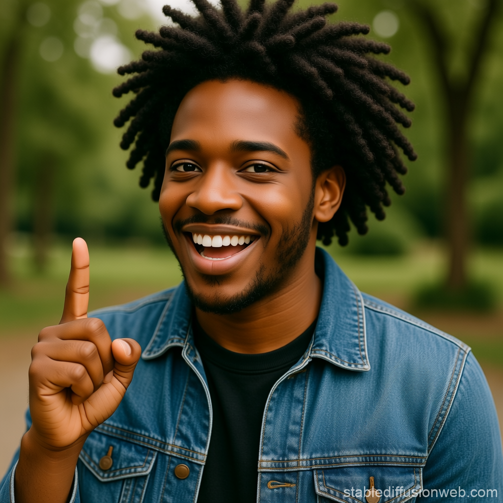 Smiling Man with Raised Finger Outdoors