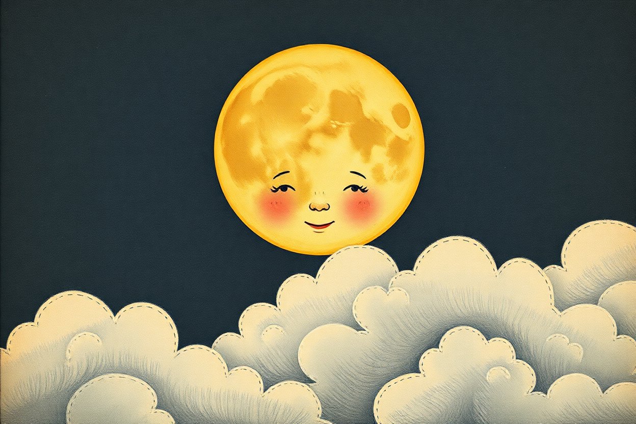 Smiling Moon Over Soft Clouds in Vintage Children's Illustration