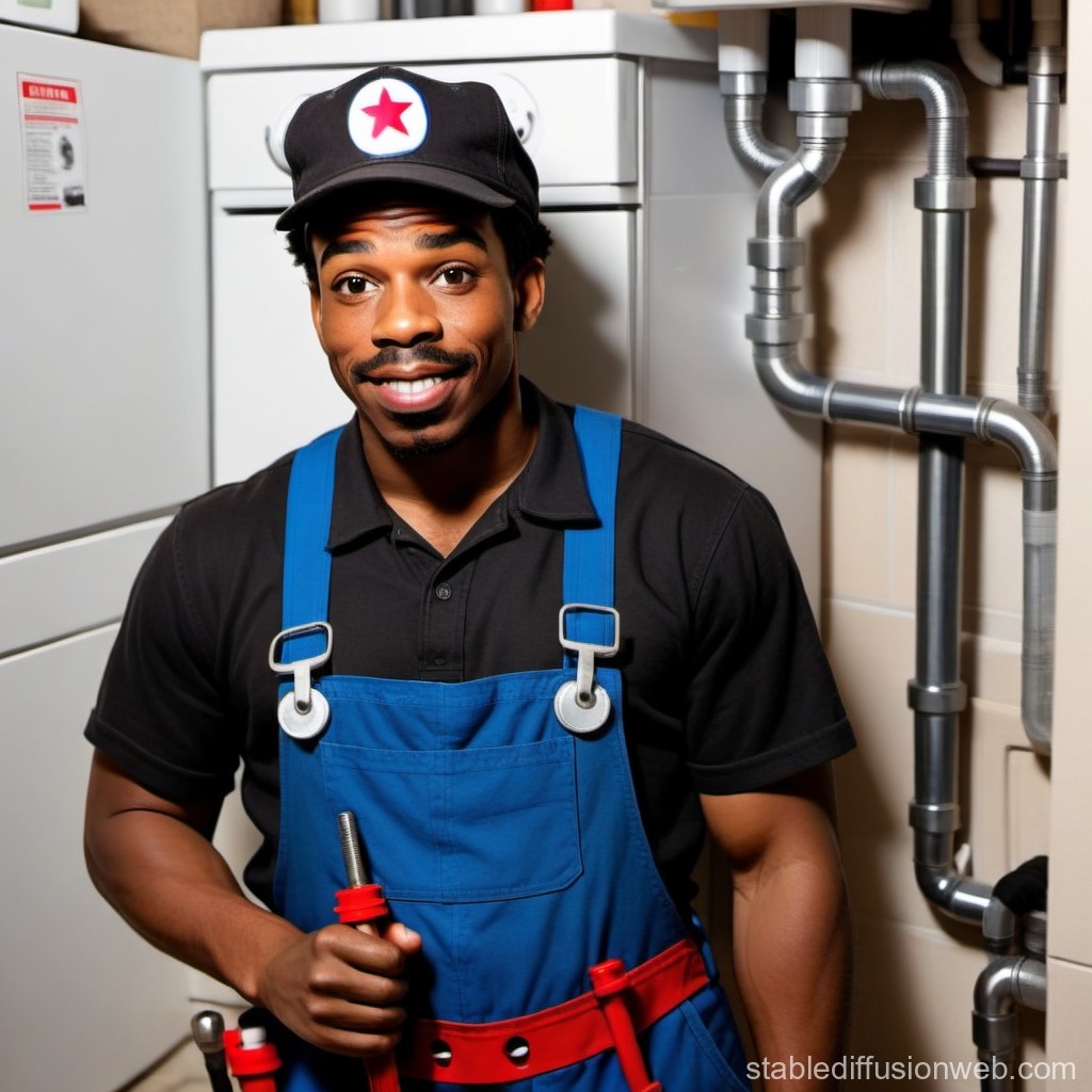 Smiling Plumber in Blue Overalls Holding Tools