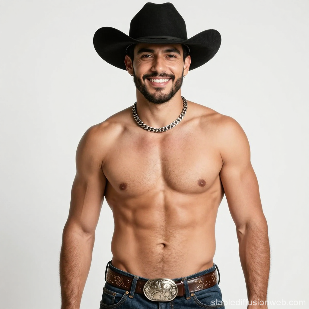 Smiling Shirtless Latin Man Wearing Cowboy Hat and Belt