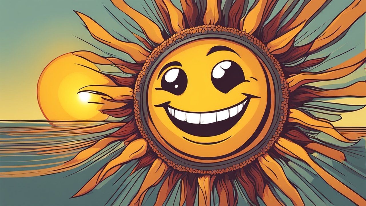 Smiling Sun with Cartoon Face over Ocean Horizon
