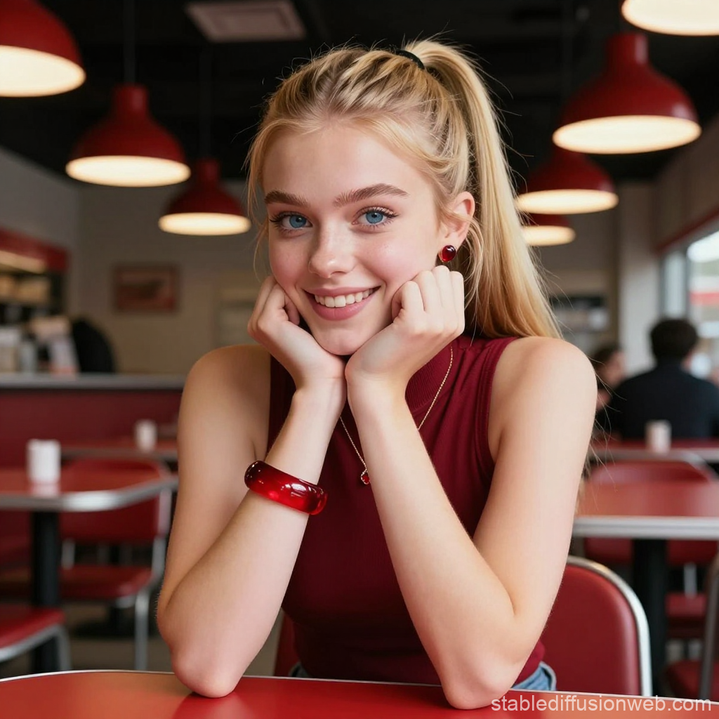 Smiling Teenage Woman in Red Sitting at Diner Table