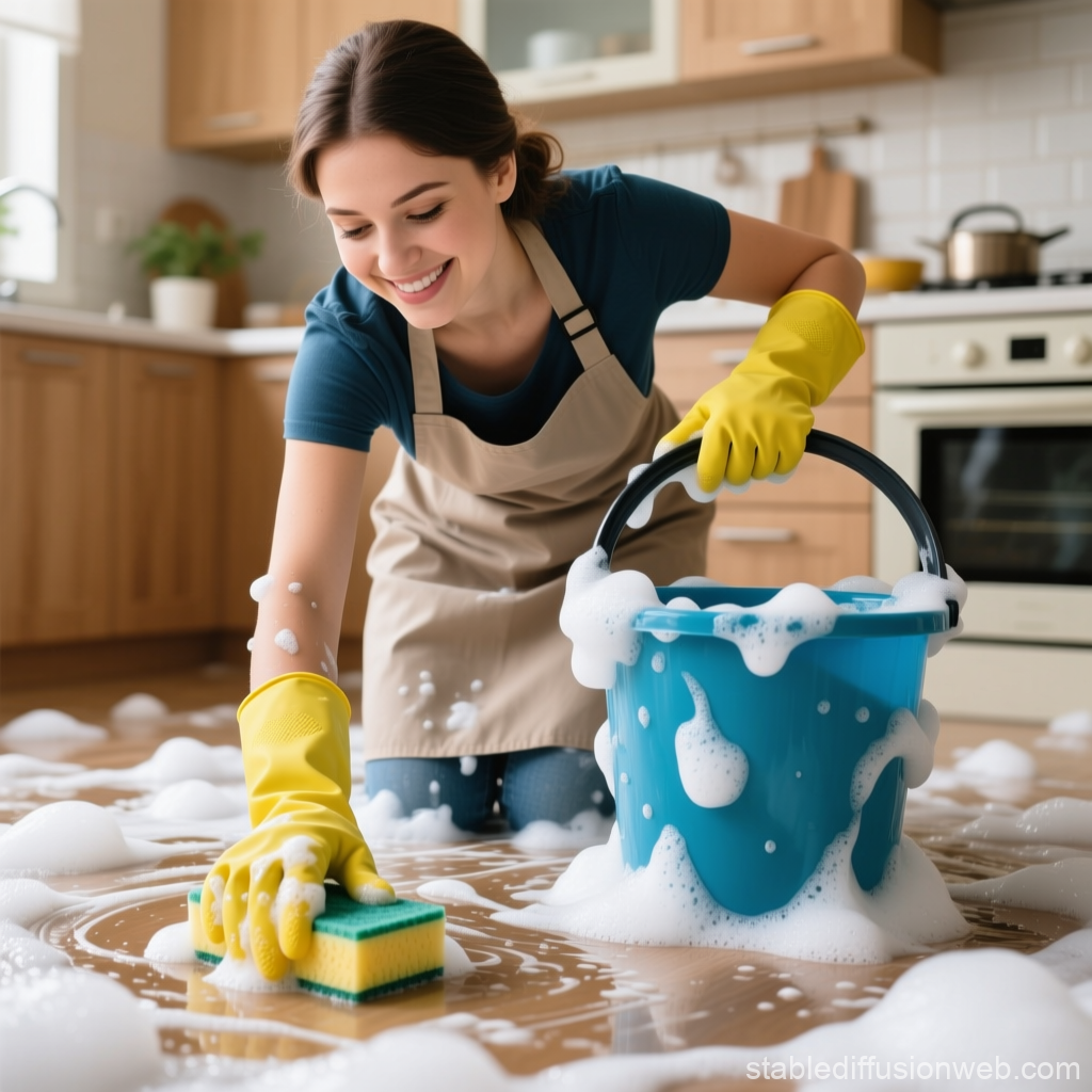 Smiling Woman Cleaning Floor with Soapy Water in Kitchen