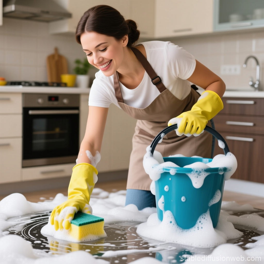 Smiling Woman Cleaning Kitchen Floor with Soapy Sponge