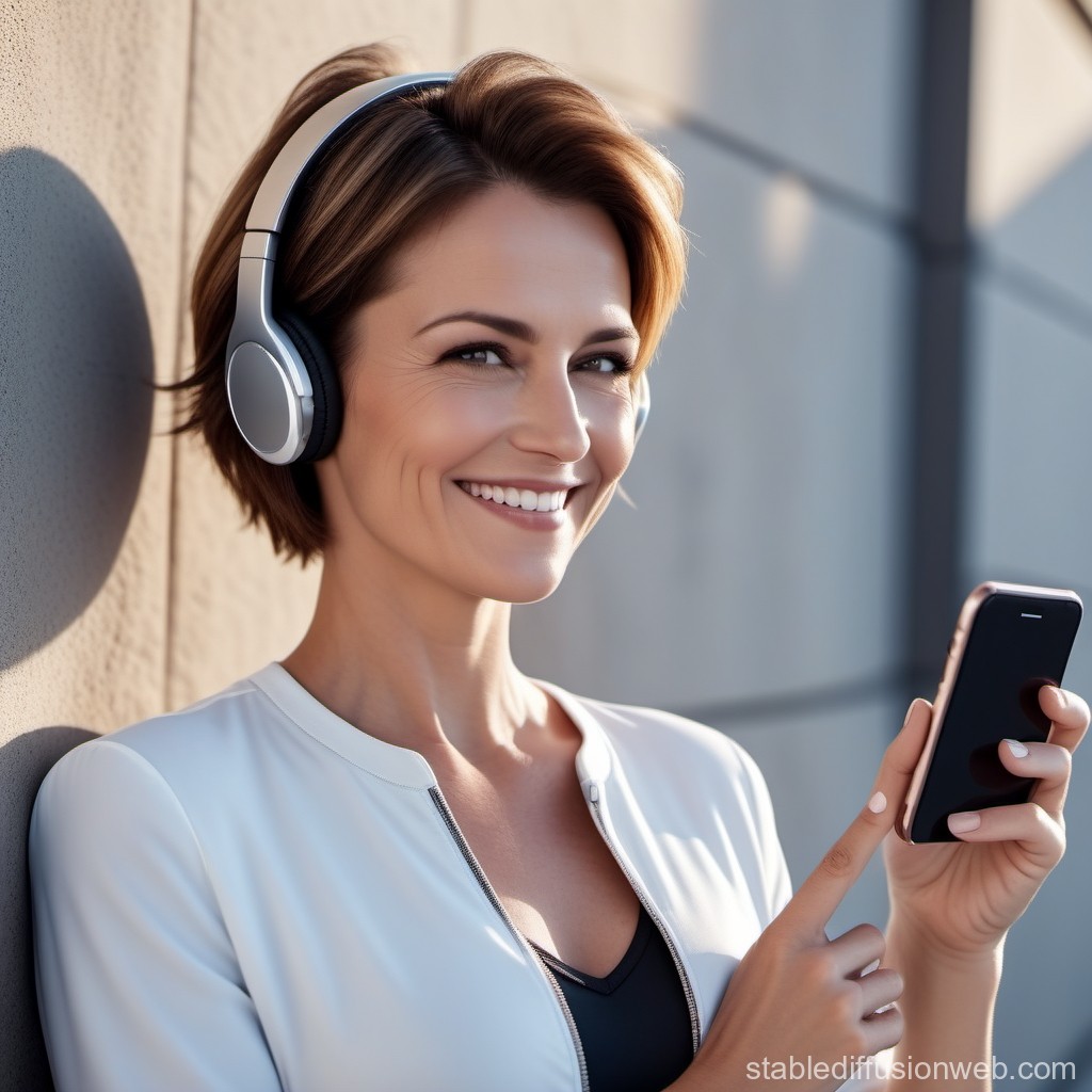 Smiling Woman Enjoying Music with Headphones and Smartphone