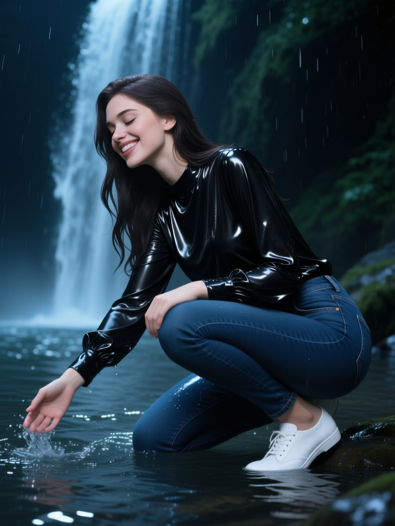 Smiling Woman Enjoying Waterfall Nature Moment