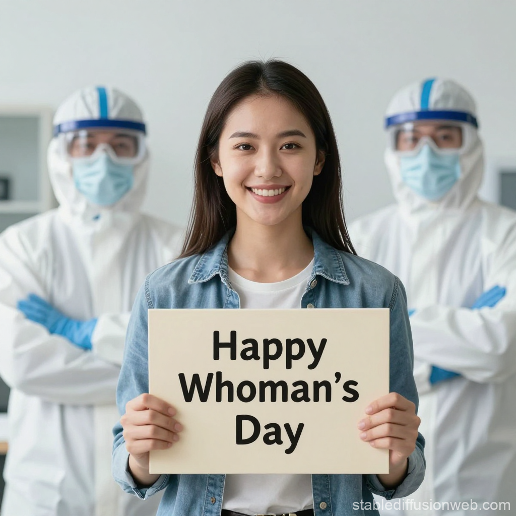 Smiling Woman Holding Happy Woman's Day Sign with Medical Workers
