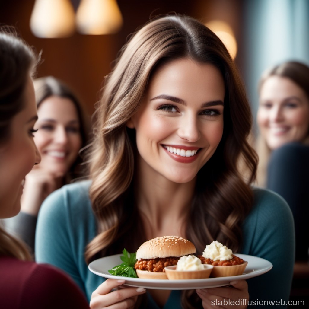 Smiling Woman Holding Plate with Sloppy Joe Sandwich and Sides