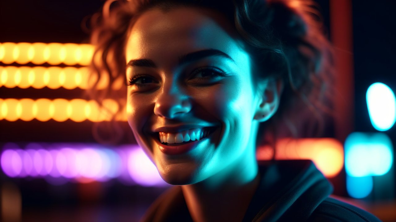 Smiling Woman Illuminated by Neon Lights