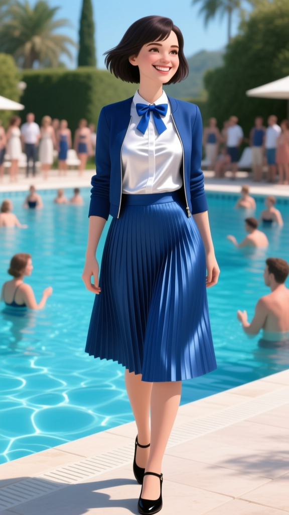 Smiling Woman in Blue Outfit by the Pool
