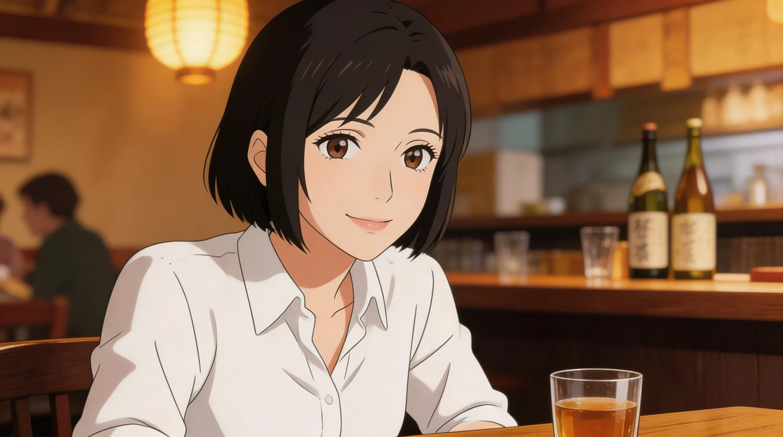 Smiling Woman in Cozy Japanese Bar