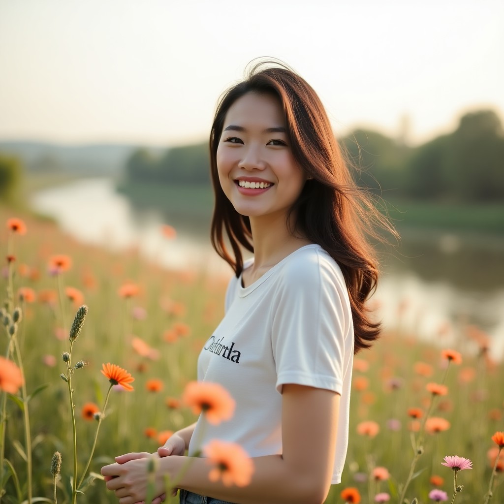 Smiling Woman in Flower Field at Sunset