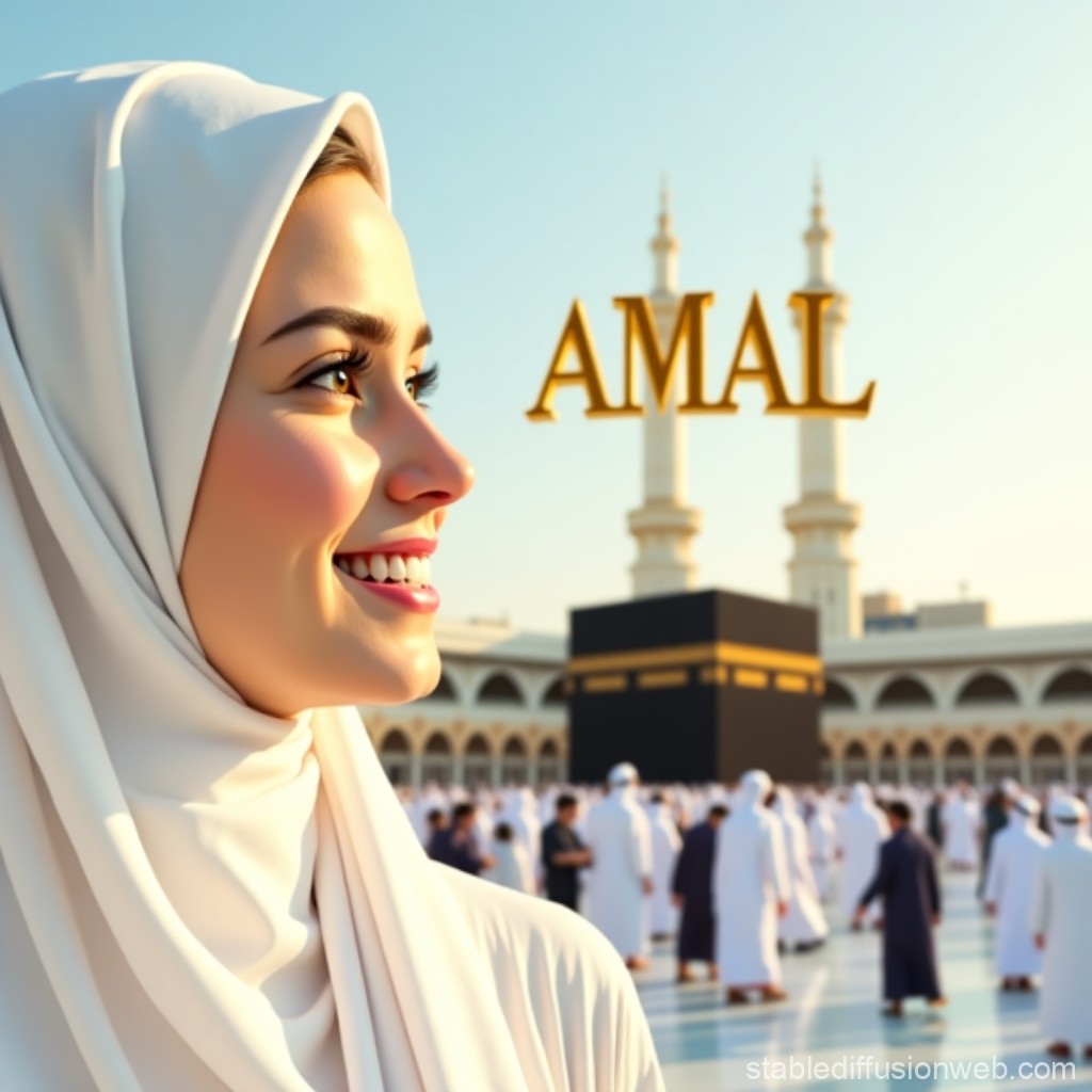 Smiling Woman in Hijab at Kaaba with Amal Text