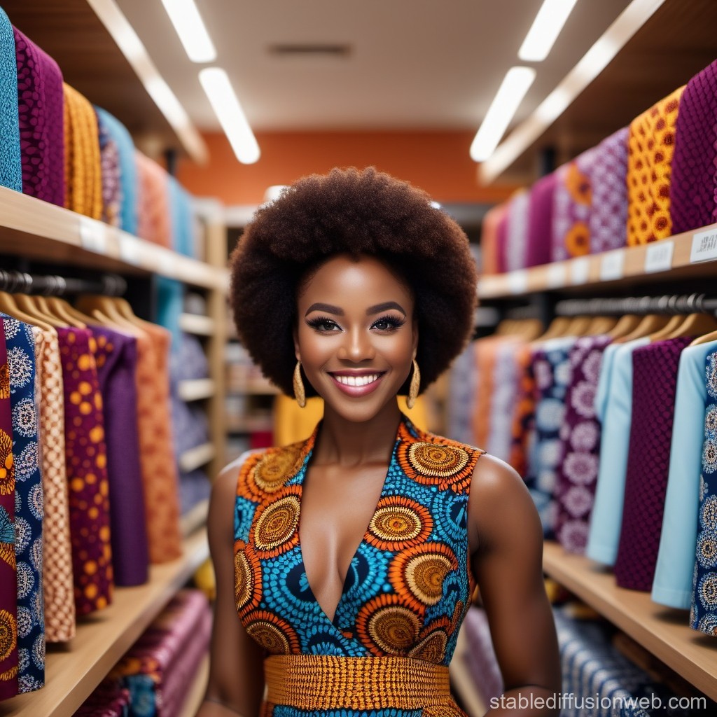 Smiling Woman in Vibrant African Print Dress in Fabric Store