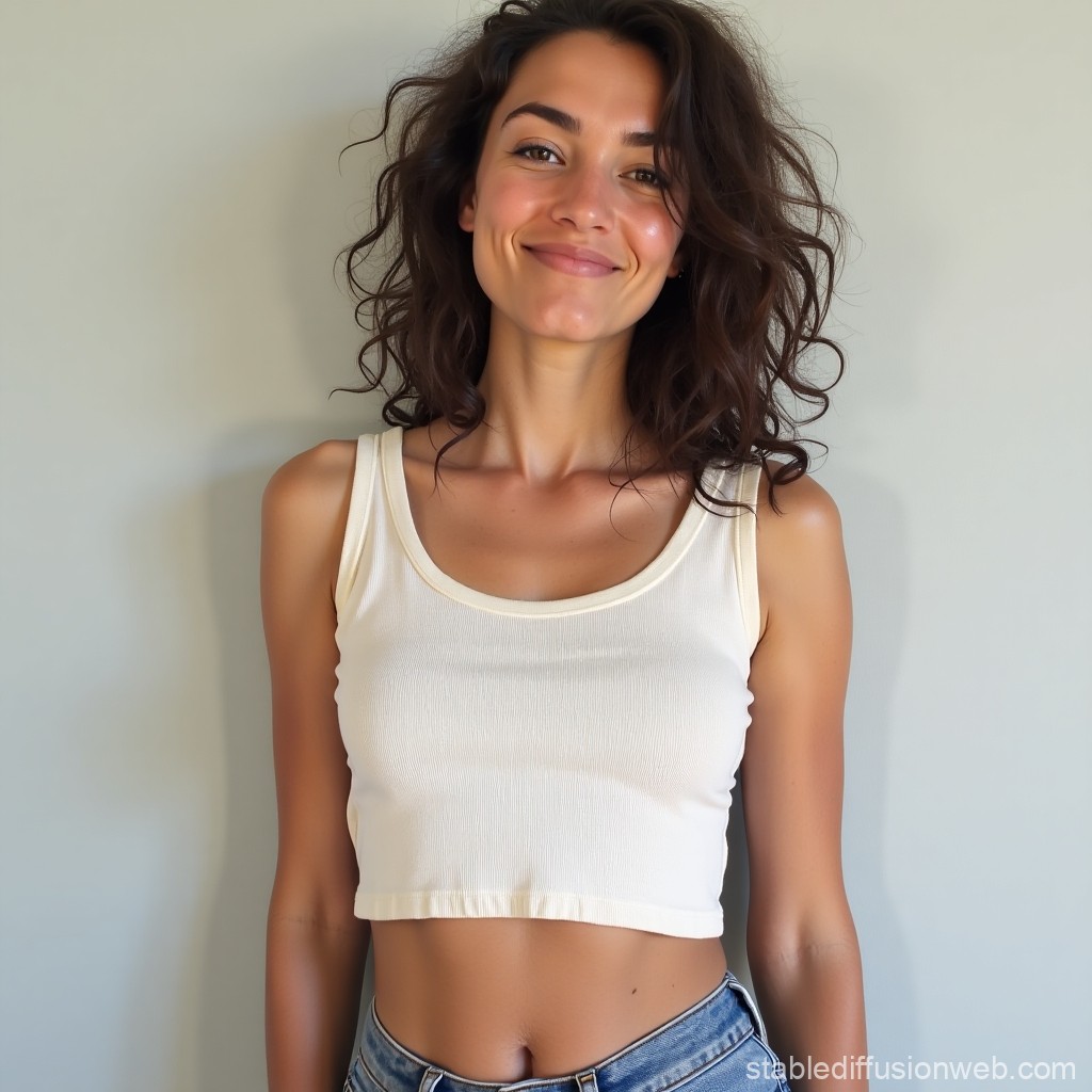 Smiling Woman in White Crop Top and Jeans