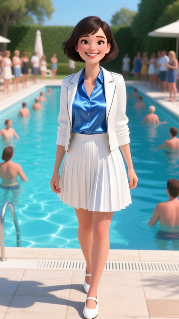 Smiling Woman in White Outfit by Poolside