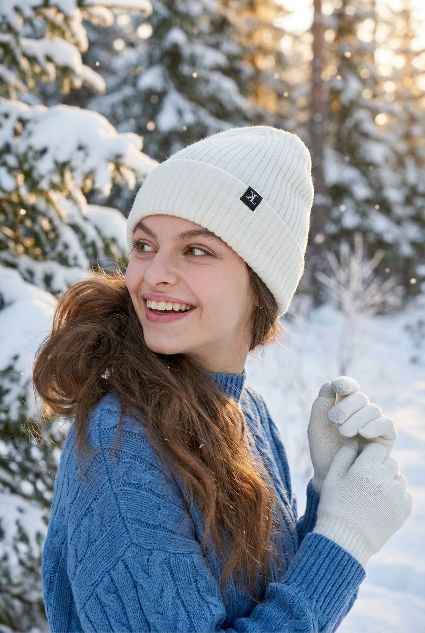 Smiling Woman in Winter Outfit in Snowy Forest