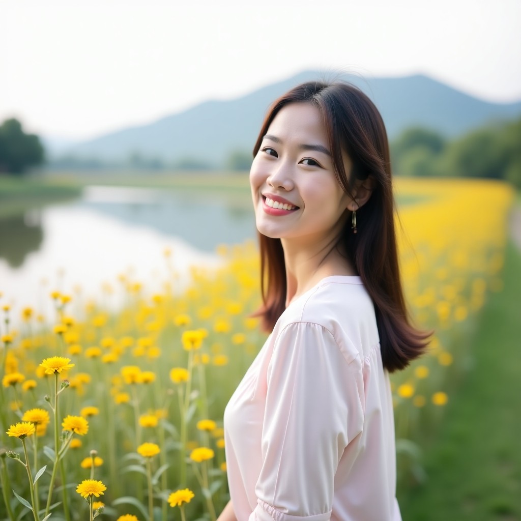 Smiling Woman in Yellow Flower Field by the Lake