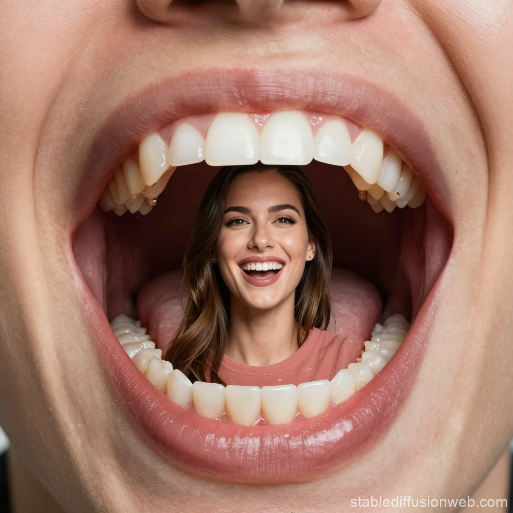 Smiling Woman Inside Giant Open Mouth