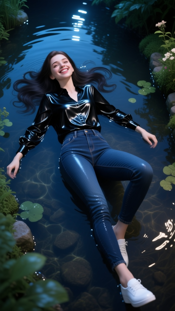 Smiling Woman Relaxing in a Serene Pond