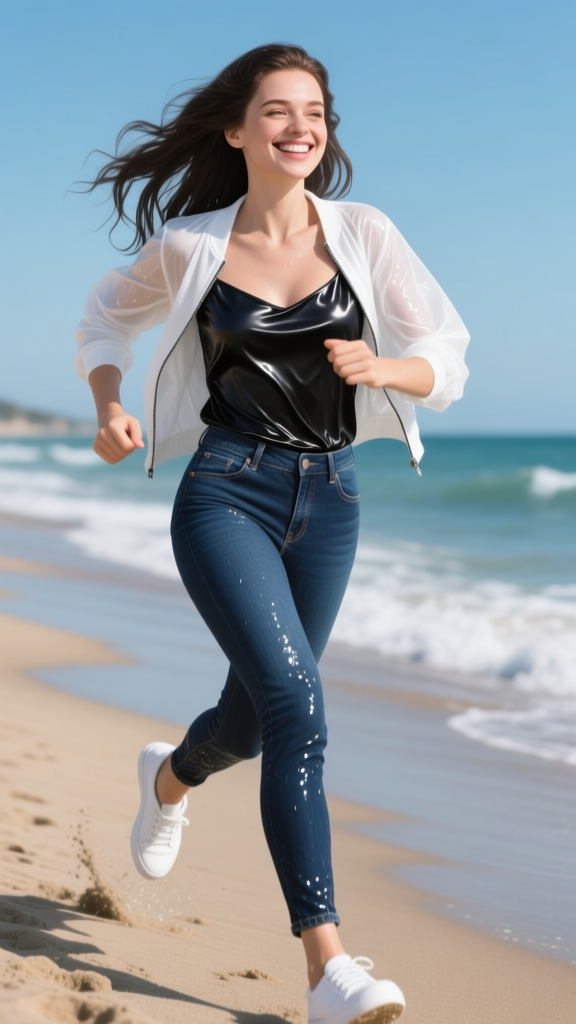 Smiling Woman Running on Beach on a Sunny Day