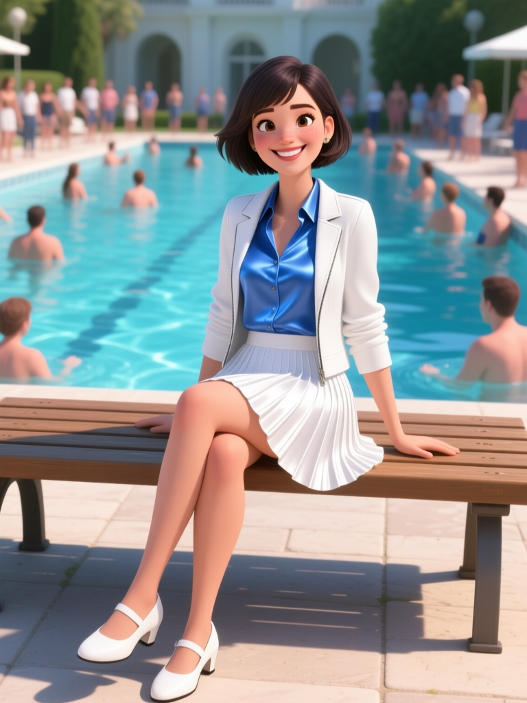 Smiling Woman Sitting by Pool in Stylish Outfit