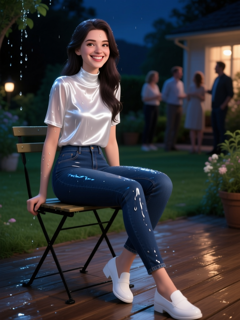 Smiling Woman Sitting in the Rain at Night