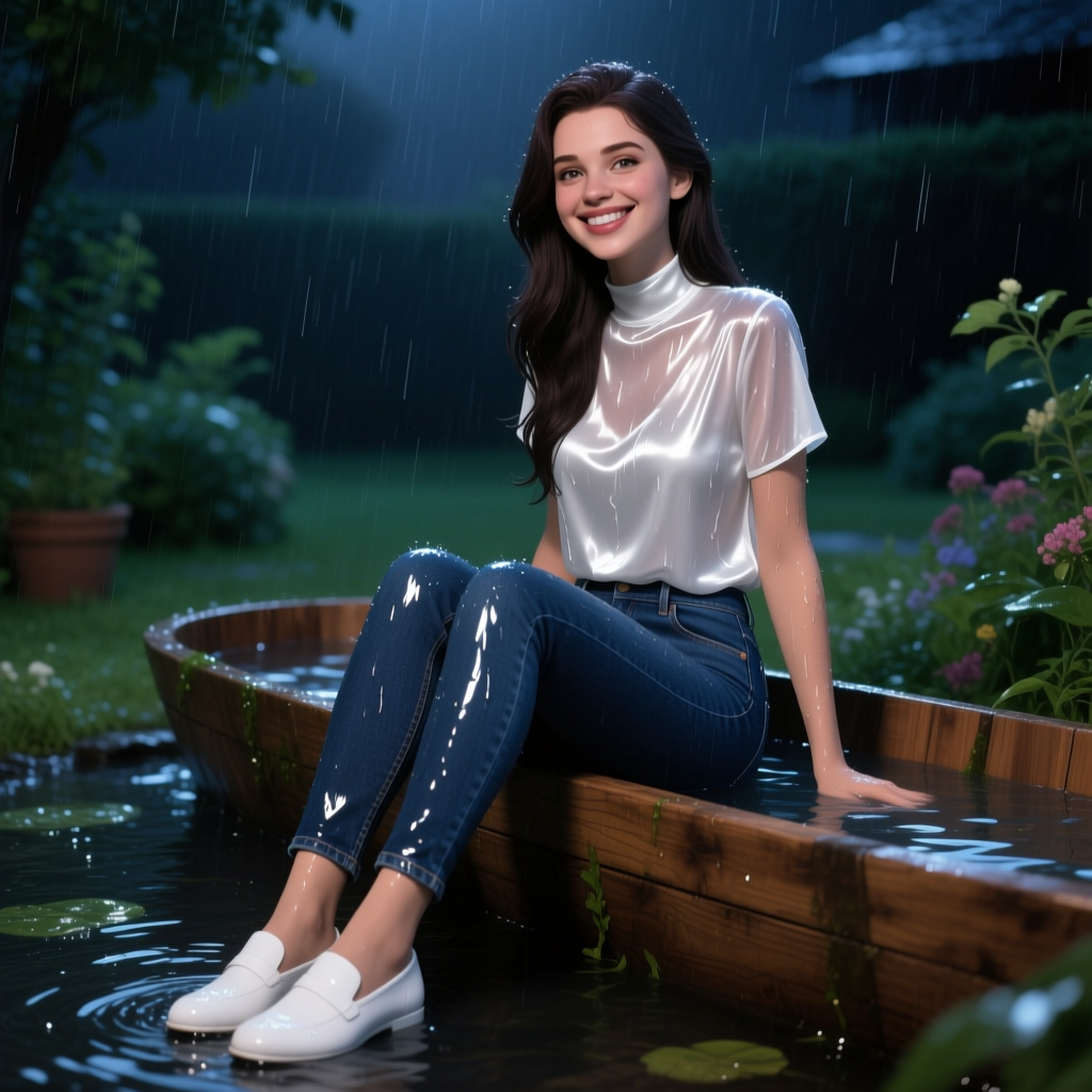 Smiling Woman Sitting in the Rain by a Wooden Boat