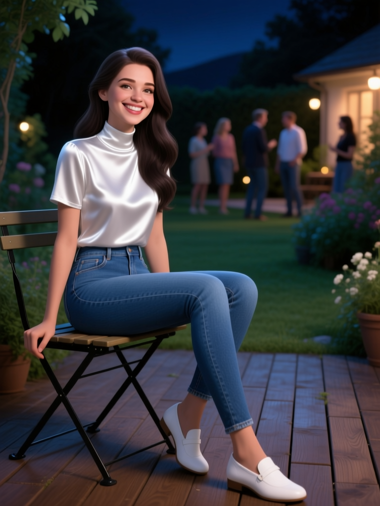 Smiling Woman Sitting Outdoors at Evening Gathering