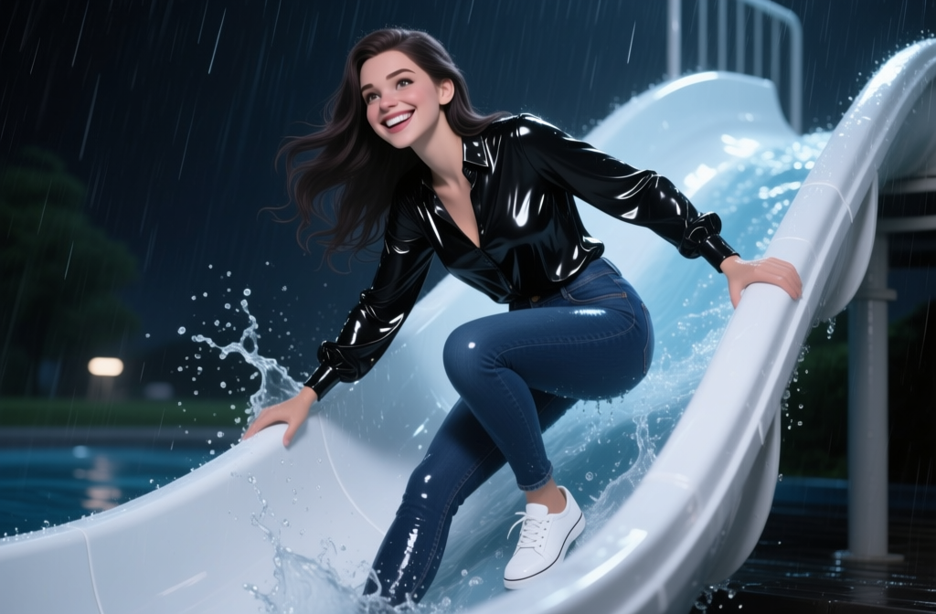 Smiling Woman Sliding Down Water Slide at Night