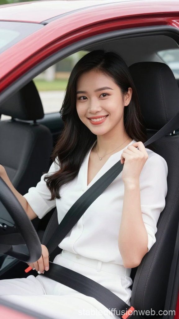 Smiling Woman Wearing Seatbelt in Car