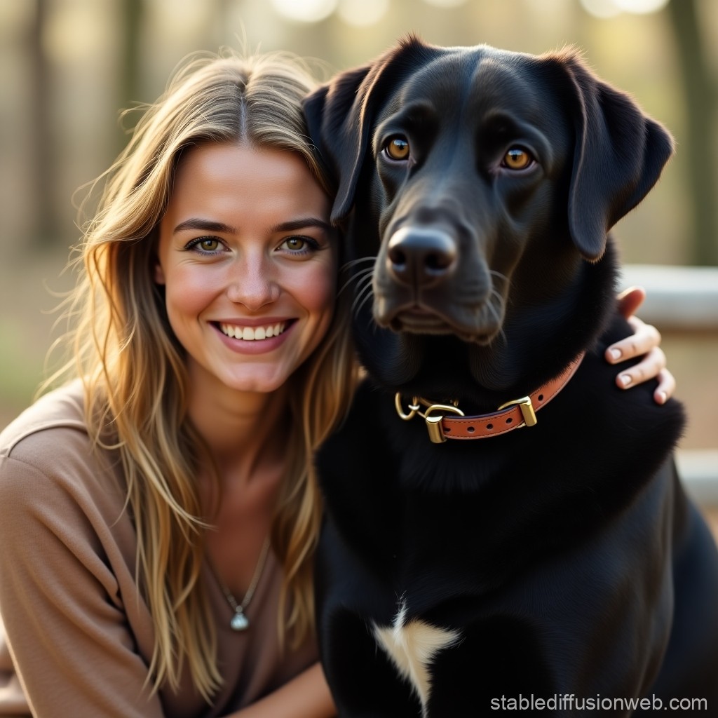 Smiling Woman with Black Labrador Dog Outdoors