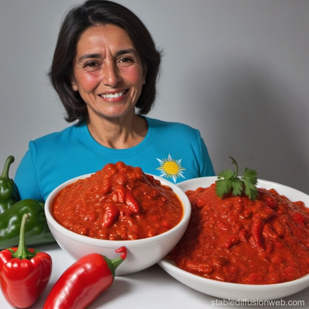 Smiling Woman with Bowls of Spicy Red Chili Sauce
