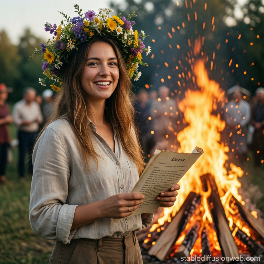Smiling Woman with Floral Crown by Bonfire at Sunset