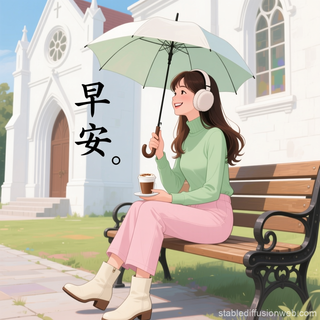 Smiling Woman with Umbrella and Coffee on Park Bench