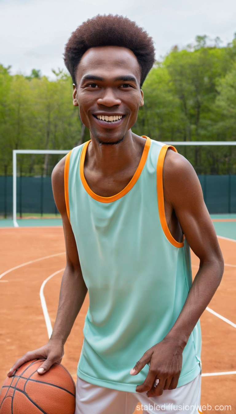 Smiling Young Man Holding Basketball on Outdoor Court