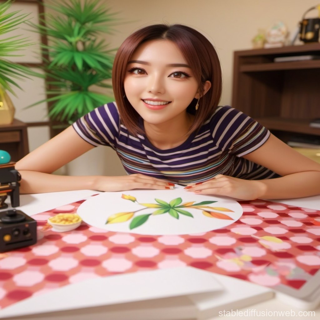 Smiling Young Woman at Table with Artistic Leaf Design