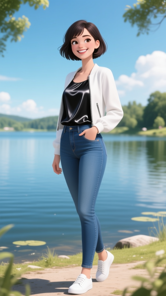 Smiling Young Woman by the Lake in Casual Outfit