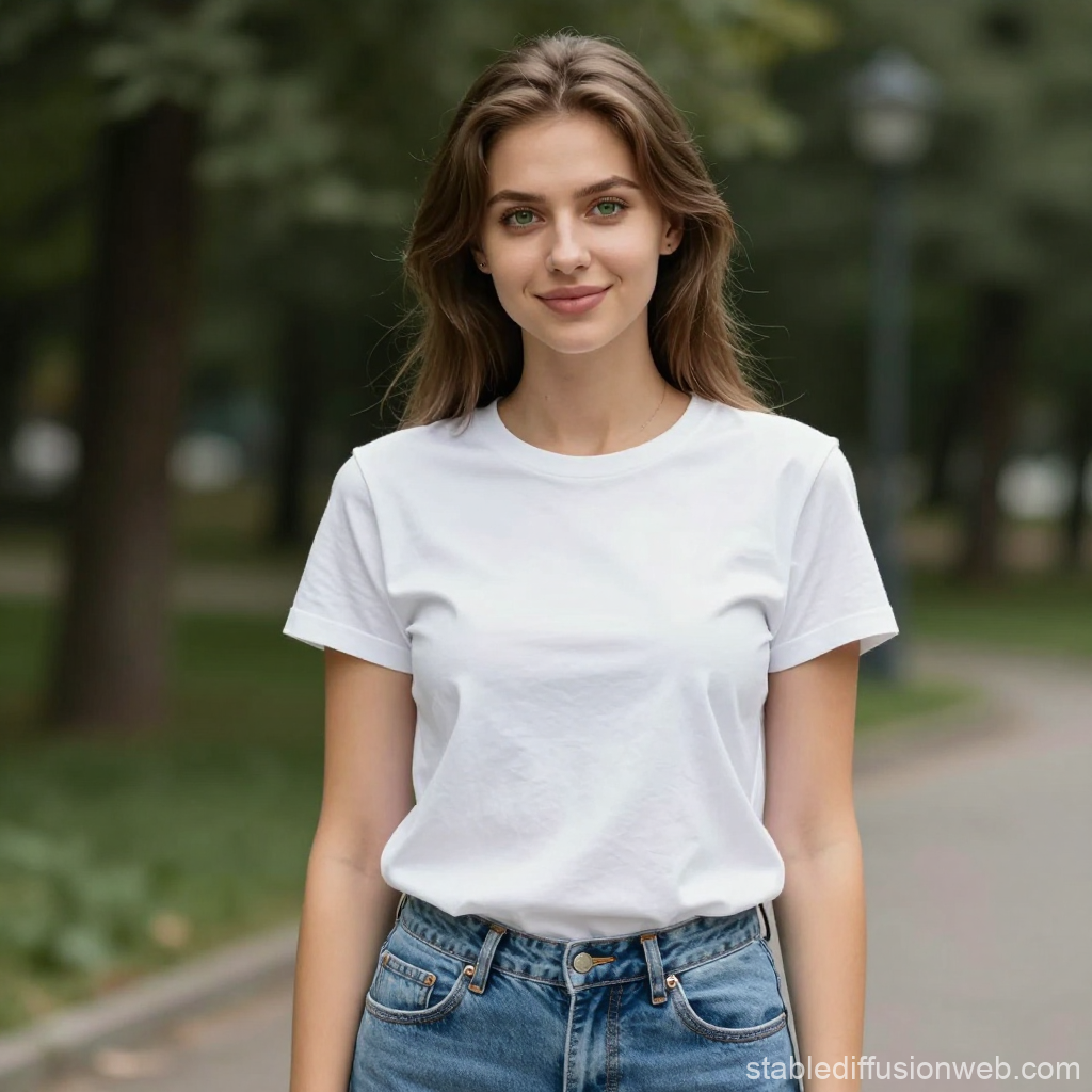 Smiling Young Woman in Casual White T-Shirt Outdoors