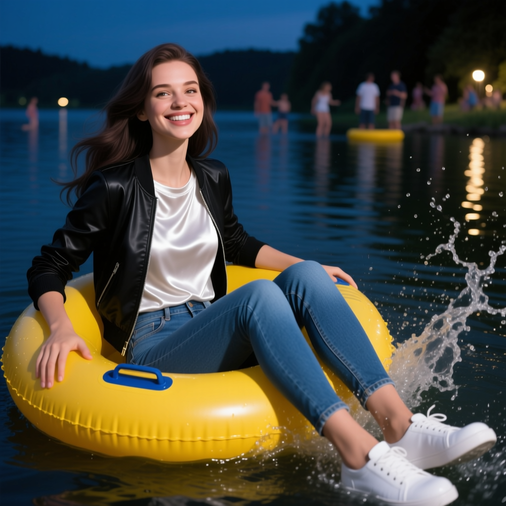 Smiling Young Woman Relaxing on Yellow Inflatable Tube at Night