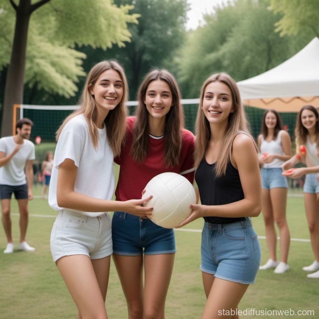 Smiling Young Women Holding Volleyball on Outdoor Court