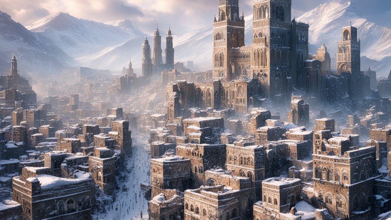 Snow-Covered Ancient City with Towering Structures