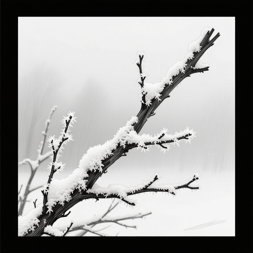 Snow-Covered Branches in Monochrome Winter Scene