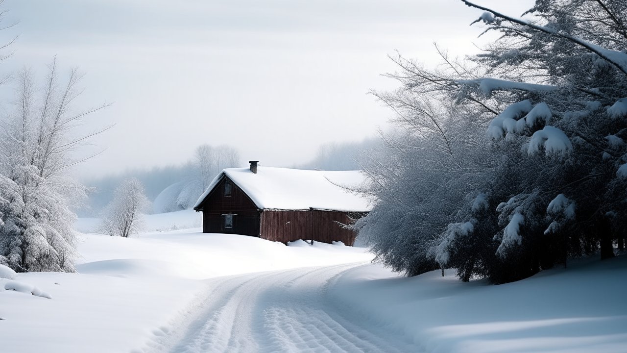 Snow-Covered Cabin in a Serene Winter Landscape