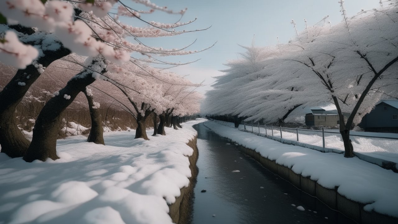 Snow-Covered Cherry Blossoms Along a River in Hokkaido