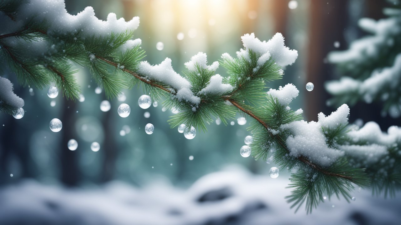Snow-Covered Fir Tree Branch with Dew Drops in Winter Forest